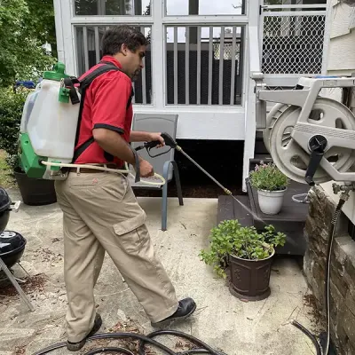 tech spraying exterior of home