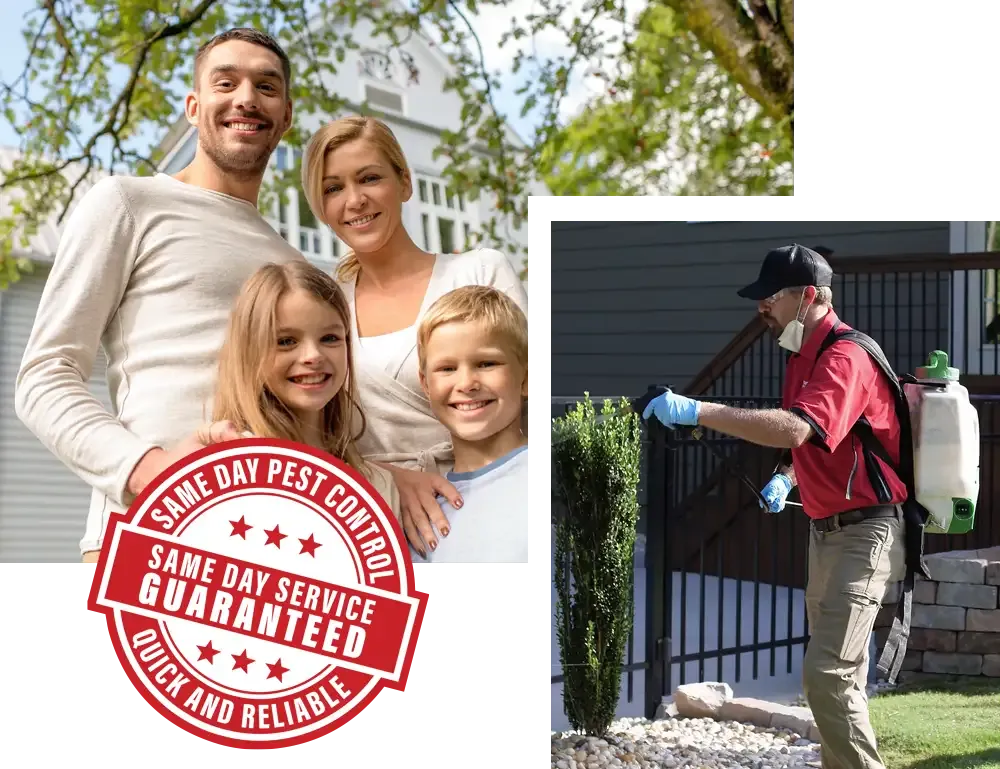 Service technician providing pest free home, happy family