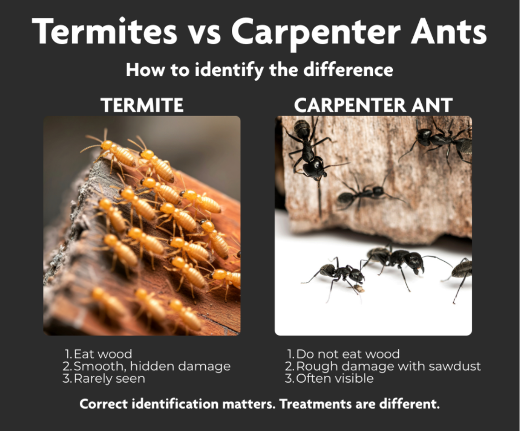 Comparison image of termites and carpenter ants showing termites eating wood with hidden damage and carpenter ants hollowing wood with visible sawdust.