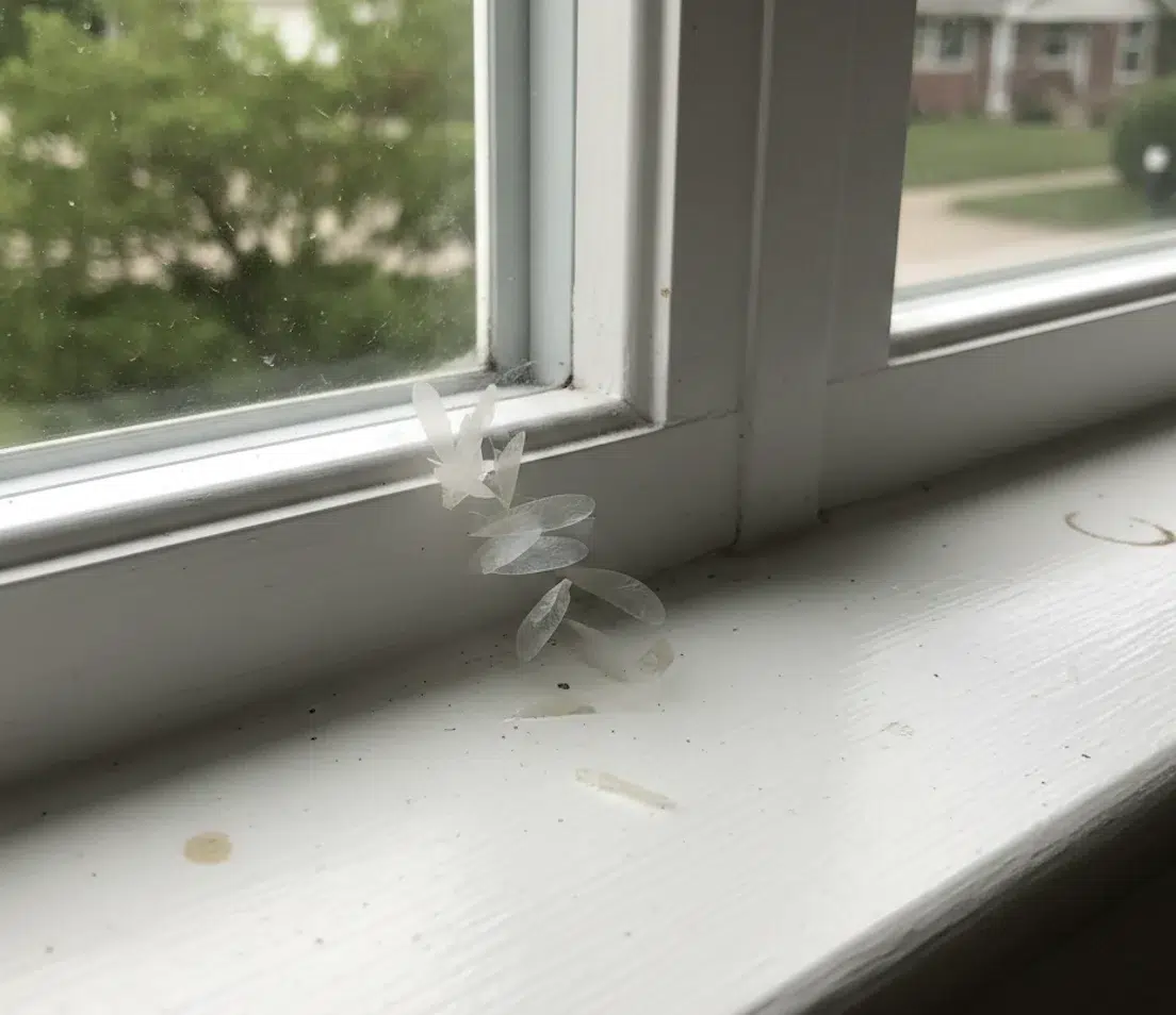 Discarded termite wings on a windowsill, a common sign of termite activity in homes