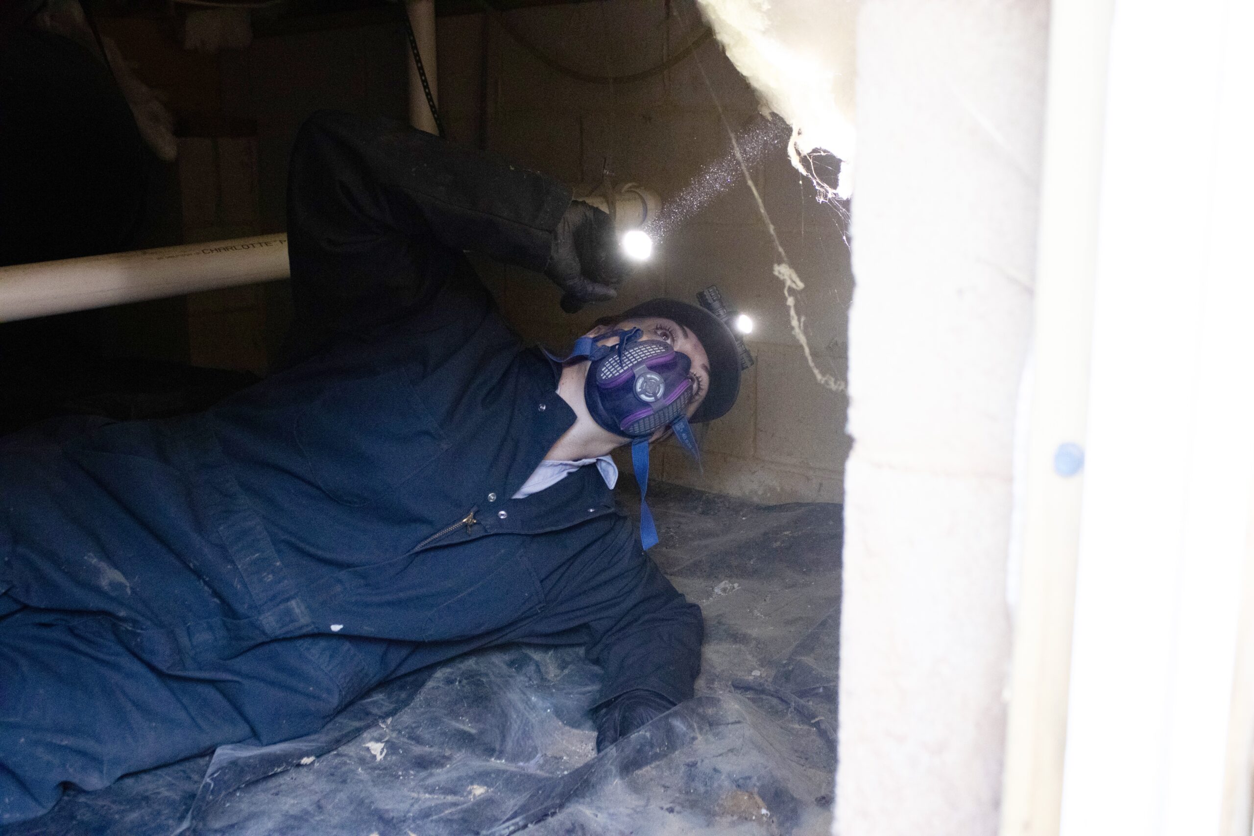 Pest control professional inspecting a crawl space to identify moisture and pest entry conditions.