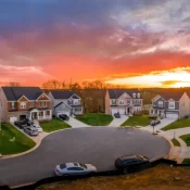 A neighborhood at sunset